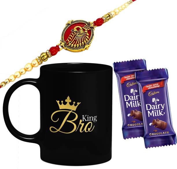 King Bro Black mug with Red kundan Rakhi,1 Rakhi, 1 Tilak Pack With Rakshabandhan Greet Card Rakhi for Brother Bhai Bro Bhaiya with 2 Dairy Milk Chocolate कॉम्बो