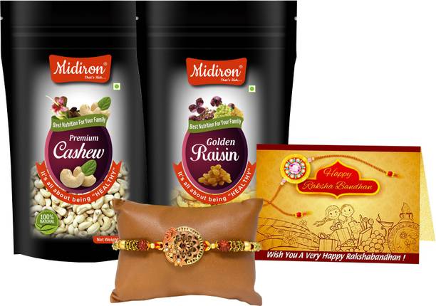 Midiron Rakhi gift for brother, Rakhi with nuts, Rakhi gift for Brother, Rakhi for Brother (Designer Rakhi, Cashew, Raisin(100 gm each)(IZ21Rakhi67CDCashewRaisin(P2)-01) Combo