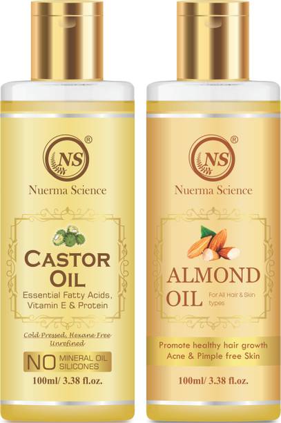 नुरमा साइंस कैस्टर ऑइल और बादाम का तेल (100% शुद्ध और ठंडा प्रेस्ड) त्वचा, बालों और शरीर के लिए (प्रत्येक 100 ML और 2 का पैक) केश तेल
