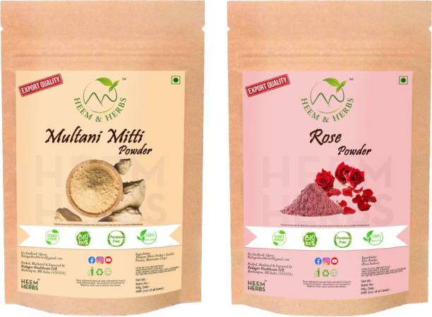 Heem and Herbs 100% Natural Multani Mitti and Rose Powder Combo Pack of 2