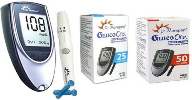 Dr. Morepen Blood Sugar Glucose checking machine(with 10 Free Swabs)(Glucometer+lancet+lancing device +25 Strips+50 Strips) Glucometer Glucometer