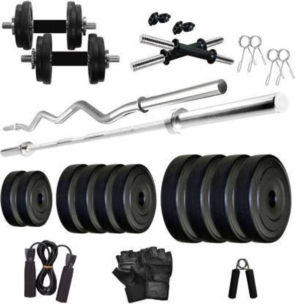 JMB 30 kg Fitness Combo of 5 Feet Straight Rod , 3 Feet Curl Rod , Pair of Dumbbell Rod , Gym Gloves , Skipping Rope , Hand Grip and 30kg of Rubber Plates ( 5kg x 2 , 3kg x 4 , 2kg x 4 ) Home Gym Combo