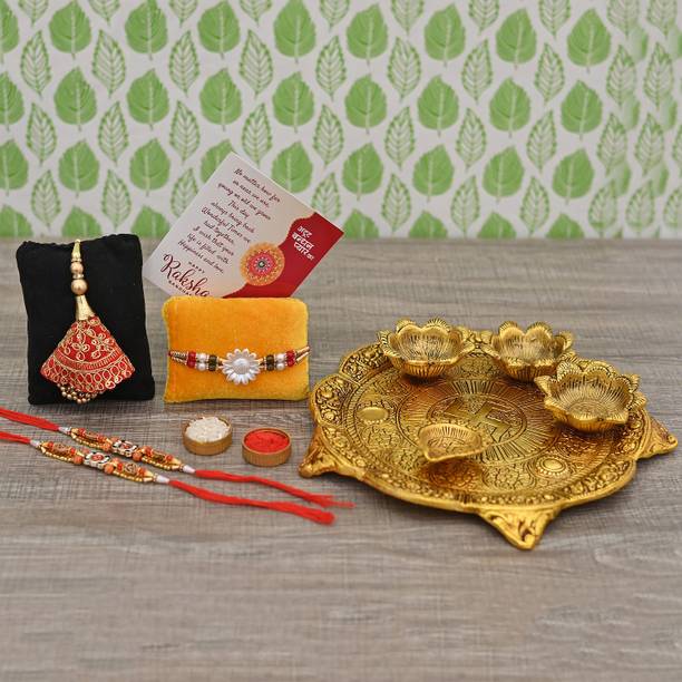 Craftam Bhaiya Bhabhi 999 RAKHI OPP 9 INCH Assorted Thali, Greeting Card, Chawal Roli Pack, Lumba, Rakhi, Showpiece  Set