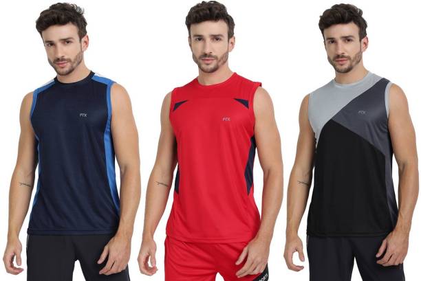 Pack of 3 Men Colorblock Round Neck Polyester Red, Blue, Black T-Shirt Price in India