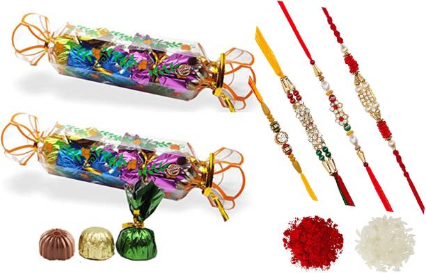 FabBites Chocolates in Candy Shape Floral Printed Chocolate Gift Box (Weight 100 Grams) (Pack of 2, 5 Chocolates Each Pack) with 4 rakhi and roli ,chawal Combo