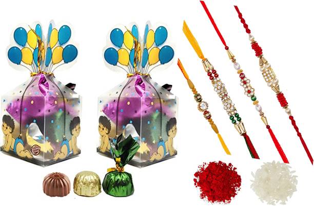 FabBites Chocolates in Baby and Balloon Printed Chocolate Gift Box (Weight 100 Grams) (Pack of 2, 5 Chocolates Each Pack) for Kids Birthday /Party with 4 rakhi and roli ,chawal Combo