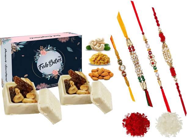 FabBites chocolate venue White Chocolate Dry Fruit Delight Sweets Pack |Chocolate Sweets Gift Box for Diwali , Rakhi , Holi, Birthday, Anniversary ,Wedding| 260 Gram with 4 rakhi and roli ,chawal Combo