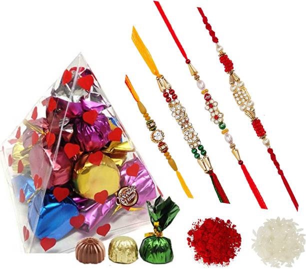 FabBites 10 Handmade Chocolate Pack in Beautiful Chocolate Gift Box (Weight 100 Grams) with 4 rakhi and roli ,chawal Combo