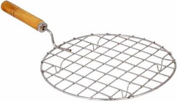 Mohprit Kitchenware Round Roaster Tandoor Barbeque Roti Chapati Toast Papad Pizza Chicken Etc. Jali Griller with Wooden Handle 9 Inch Round Rack Baking Steaming Roasting Tawaa Rack Set Stainless Steel Roster. 1 kg Roaster