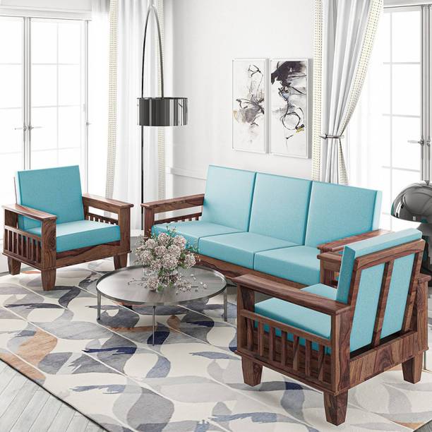 House Of Kuber Solid Sheesham Wood Pocket Style 5 Seater Sofa Set For Living Room, Office. Fabric 3 + 1 + 1 Sofa Set