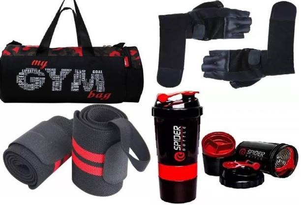 EMMCRAZ my red gym bag with spider bottle with wrist support & gym gloves Home Gym Kit