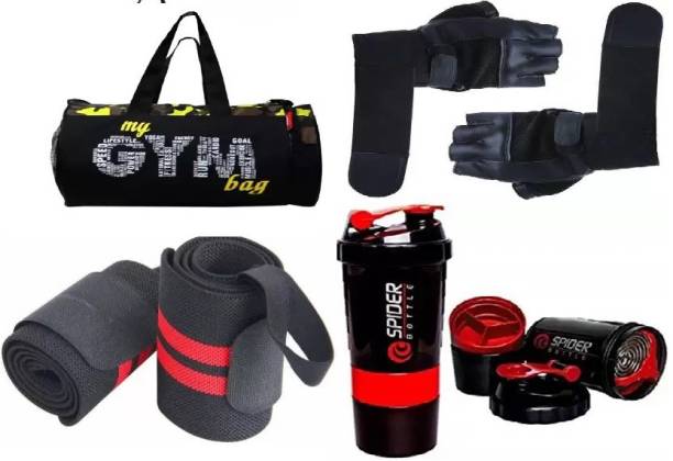 EMMCRAZ my green gym bag with spider bottle with wrist support & gym gloves Home Gym Kit