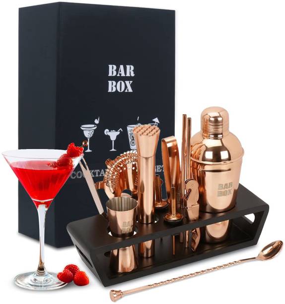 bar box Cocktail Shaker Set for Mixing Drinks Cocktail Whiskey Mojito Mocktail | Home Bartending Tools Accessories Kit with Stand Jigger Muddler Wine Opener | Alcohol Mixology Gadgets (Rose Gold) 14 - Piece Bar Set