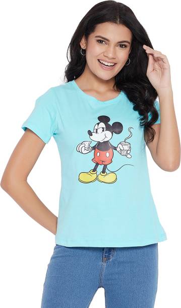 Mickey Mouse Family Printed Women Round Neck Blue T-Shirt