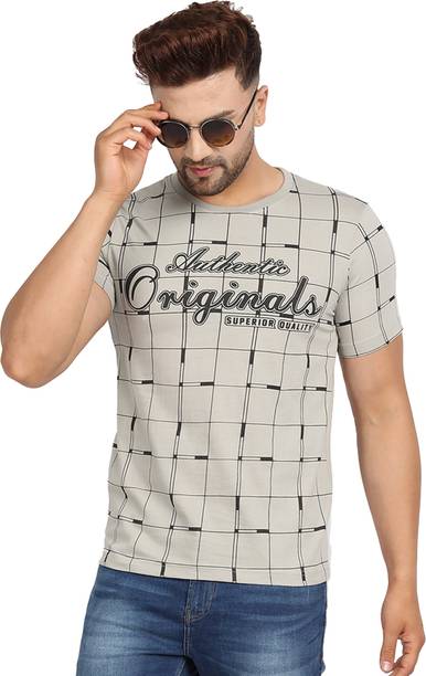 Men Printed, Checkered Round Neck Pure Cotton Grey T-Shirt