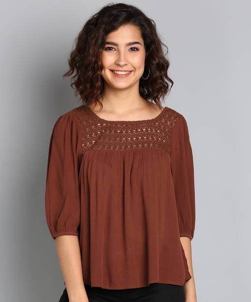 Casual Balloon Sleeve Solid Women Red Top