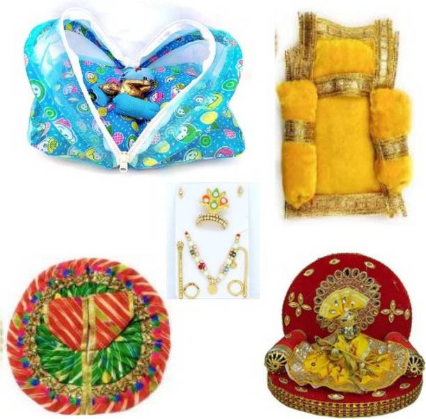 Swa Mi Laddu Gopal Ji Brass Idol with singhasdan , with Shringar Set of Mukut, Mala, Bansuri, Asan and 2 Dresses, for Krishna Idol, (Ladoo Gopal Dress Combo), (Size: 1 no.) Dress (Cotton, Silk) Dress