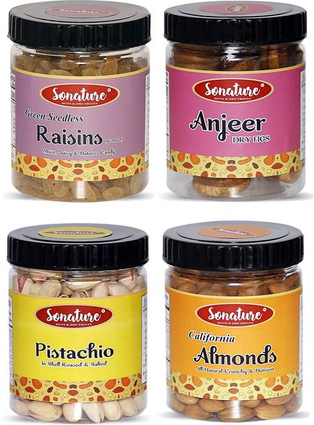 सोनातुरे नेचुरल प्रीमियम सुपर वैल्यू पैक आलमंड्स, फिग्स, पिस्ता, रेज़िन्स बादाम, किशमिश, अंजीर, पिस्ता प्लास्टिक बोतल