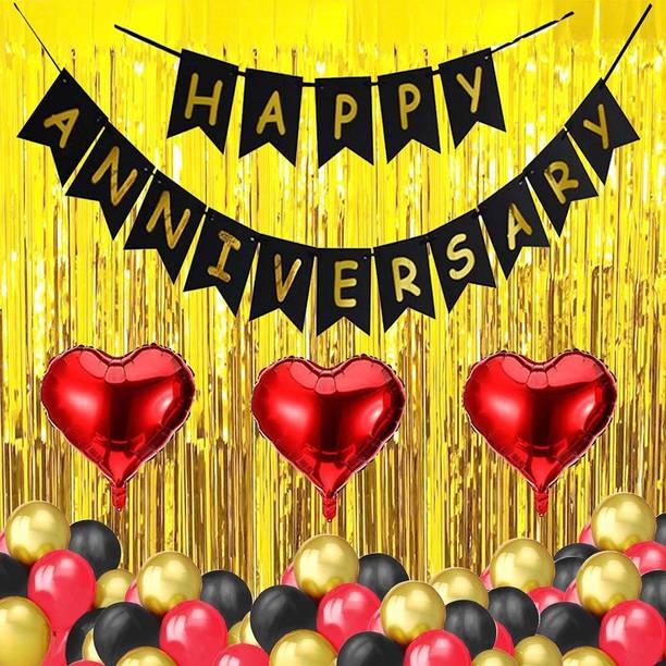 Realistic Store Solid Anniversary Decoration For Home Kit with Happy Anniversary Banner,2 pcs Golden Curtains & 3 pcs Red Heart Foil with 30 pcs HD Metallic Balloons (red, black & gold) Decoration Kit Set Decorations Items Combo Balloon