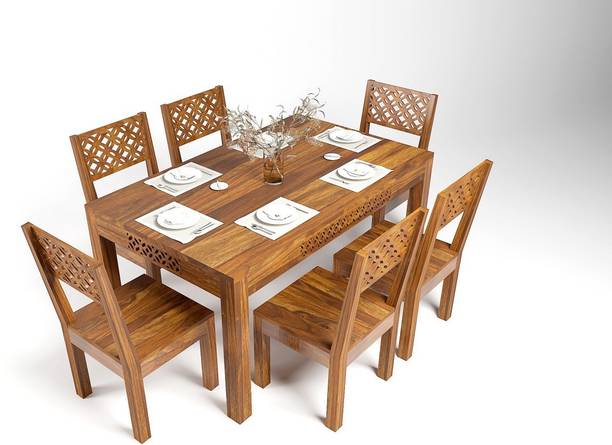 DRYLC FURNITURE Solid Wood Sheesham Wood 6 Seater Dining Table With 6 Chairs For Dining Room Solid Wood 6 Seater Dining Set