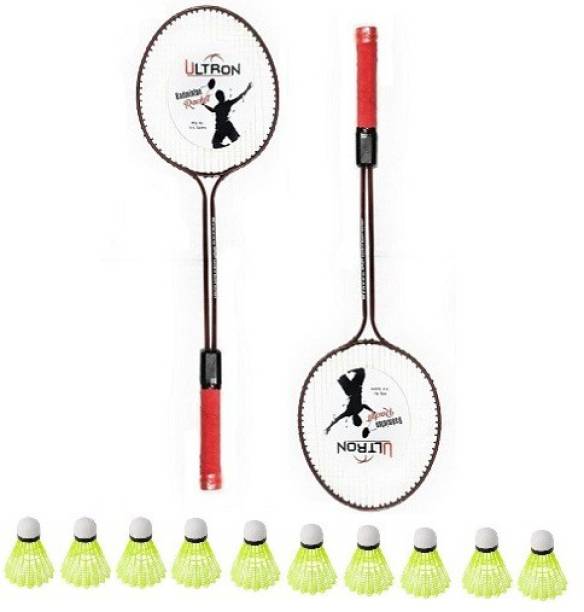 ULTRON Double Shaft Iron Body Badminton Racket Pack Of 2 Piece With 10 Piece Plastic Shuttles Badminton Kit