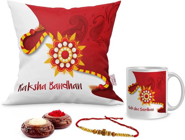 K1Portal Designer K1PRakhiC1044 Assorted Rakhi, Chawal Roli Pack, Cushion, Mug Set