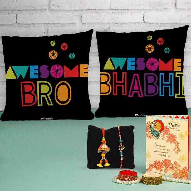 ARCHIES Bhaiya Bhabhi RK_PIL26_RK_PIL27_RC_6050_9010 Assorted Rakhi, Greeting Card, Chawal Roli Pack, Cushion  Set
