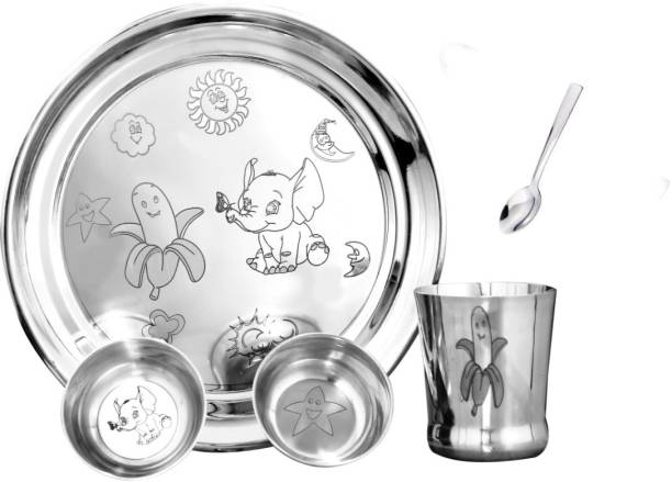 Miss & Chief Stainless Steel Cute elephant kids utensils / Dinner set of 5 pcs | Elephant and Banana Theme  - Stainless steel