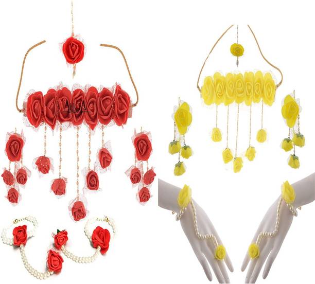 Rukmani Fabric, Rubber, Plastic, Paper Red, Yellow Jewellery Set