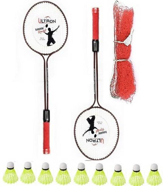 ULTRON Double Shaft Iron Body Badminton Racket Pack Of 2 Piece With 9 Piece Plastic Shuttles 1 Piece Net Badminton Kit