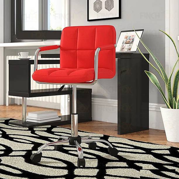 Finch Fox Height-Adjustable Faux-Leather Arm Small Office Desk Chair for Computer, Salon, Spa, Bar, Medical, Kitchen Red Color Leatherette Office Executive Chair