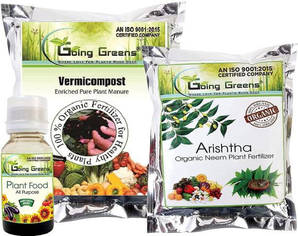 Going Greens Combo of Organic Fertilizers for Home Garden - Vermicompost (4.5 Kgs), Aristha Neem Fertilizer (4.5 Kgs) & Plant Food (100 ml) I Fertilizer