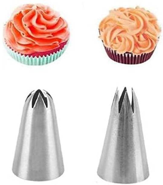 JAMBOREE 1M+2D Large Size Rose Flower Cake Decorating Icing Tip, Muffin Cupcake Decoration Stainless Steel Nozzle steel Kitchen Tool Set ( Pack Of 2) Stainless Steel Star Icing Nozzle