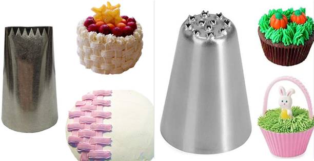JAMBOREE Grass + Basket Weave Nozzle Large Size Basket Cake Decorating Icing Tip, Muffin Cupcake Decoration Stainless Steel Nozzle steel Kitchen Tool Set ( Pack Of 2) Stainless Steel Wavy Icing Nozzle