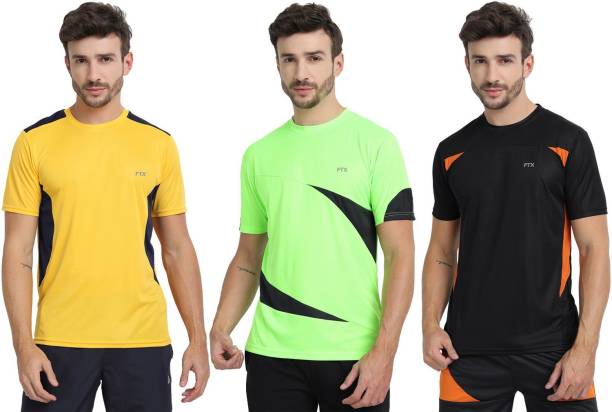 Pack of 3 Men Colorblock Round Neck Polyester Multicolor T-Shirt Price in India