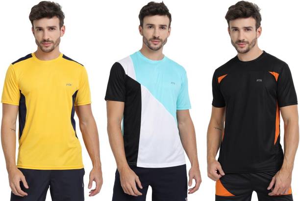 Pack of 3 Men Colorblock Round Neck Polyester Multicolor T-Shirt Price in India