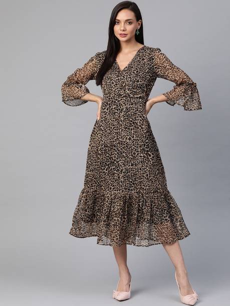 Women Wrap Black, Beige Midi/Calf Length Dress