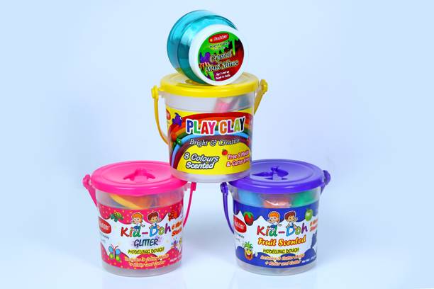 Rabbit Kid Play Modelling Clay 8 Colors Bucket + Kid Doh Glitter Bucket + Play Kid Doh Fruit Scented Bucket + Crystal slime 100gm Pack of 4|Safe Non-toxi & Non-Sticky|Play kit for Kids|Play Doh & Clay