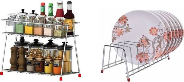 Somkala Plate Kitchen Rack Steel Presents a Combo Pack Of Plate Stand + Spice Rack