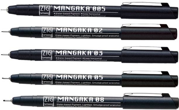 Zig KURETAKE CARTOONIST MANGAKA 010 BLACK PIGMENT MICRON LINER PENS (01 02 03 05 08) PACK OF 5 PCS Fineliner Pen
