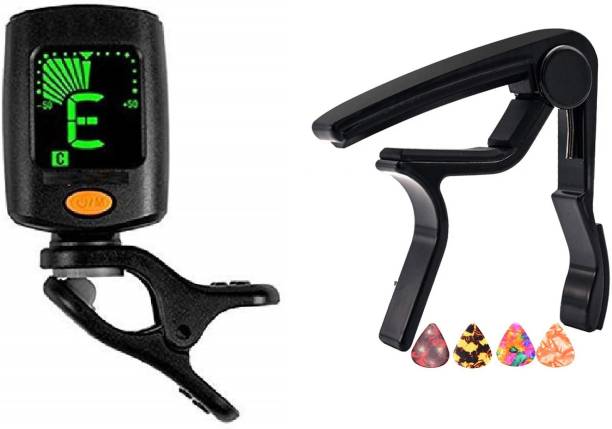 TechBlaze Guitar Metal Alloy Capo + 360 Degree Guitar Tuner with LCD Display for Guitar ,Easy to use , Quick Change Capo ,One Handed Trigger For Acoustic Guitar, Electric and Ukulele Capo Automatic Digital Tuner