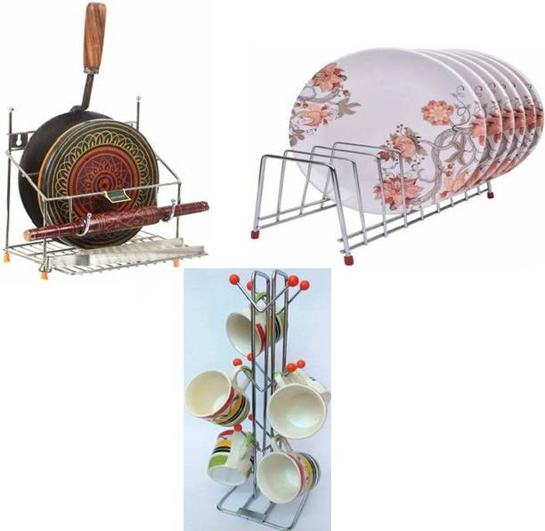 Somkala Chakla/Belan Kitchen Rack Steel Present a combo pack of orange v shape cup stand + plate stand + 4 in 1