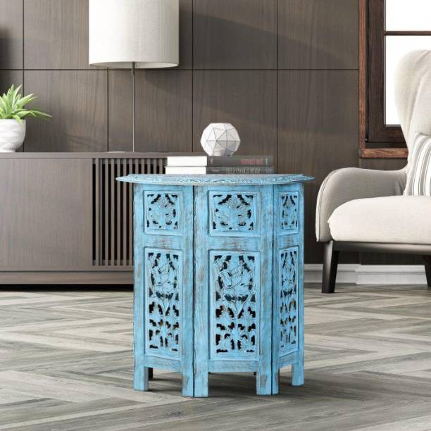 House of Pataudi Wooden Handcrafted Carved Antique Solid Folding Sky Blue Coffee Table Solid Wood Side Table