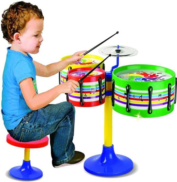 Sani International Drum Set Senior for Kids 2 Musical Drum, 2 Stick, 1Stand, 1 Sitng Chair for Kids