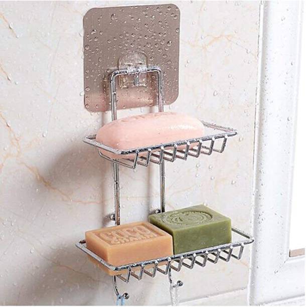 QBK Soap Wall Mounted Double Layer soap Dish Holder With Hanging Hooks Stainless Steel Wall Hanging Soap Storage Rack for Kitchen Bathroom-With Self Adhesive Magic Sticker
