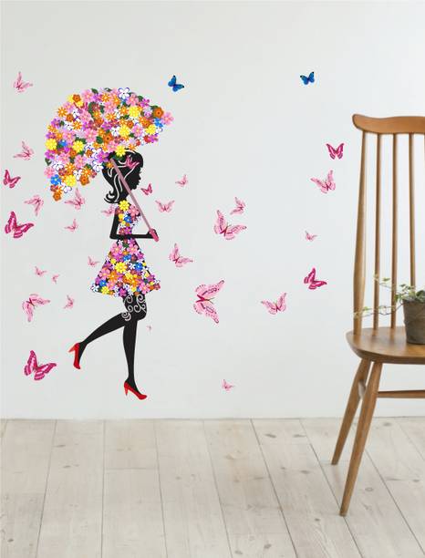 DreamKraft 70 cm A Beautiful Girl With Floral Umbrella Girl And Butterflies Self Adhesive Sticker