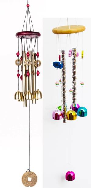 Sanol :) Shanol :) 5bell 4pipe 1 multicolor &amp; 1 brown wooden, aluminium and steel wind chime for home, office, garden, door decoration. wind chimes for positive energy Good Luck and prosperity (22 inches, multicolor and Brown, pack of 2) well made and vibrant colours...:) Aluminium, Steel, Wood Windchime