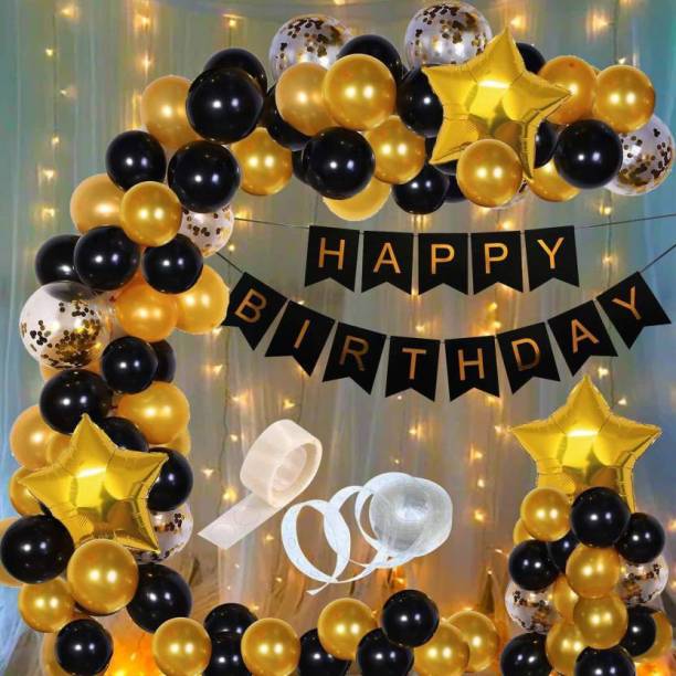 Magic Balloons Printed Happy Birthday Balloons Decoration With Light Kit Items Combo-92Pcs for Kids Boys Girls Adult Women Husband,Quarantine Theme Decorations/Black Gold Supplies/Foil Balloon,Latex Baloon,Star and Banner Balloon