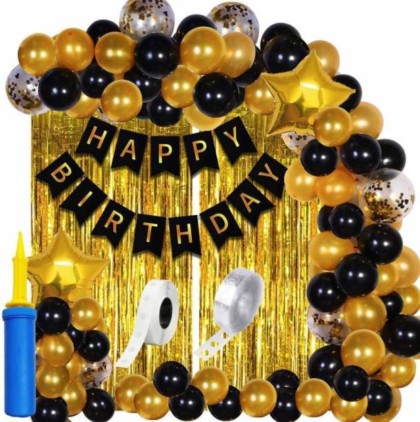 Magic Balloons Printed Happy Birthday Decoration Kit Combo - 61pcs Birthday Banner Golden Foil Curtain Metallic Confetti Balloons With Hand Balloon Pumo And Glue Dot for Boys Girls Wife Adult Husband Mom Dad/Happy Birthday Decorations Items Balloon