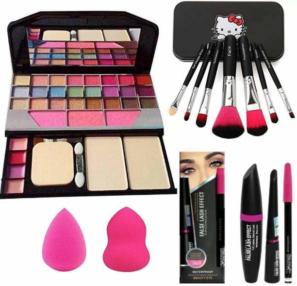Dhanmann 6155 Makeup Kit & Brush + 2 Pc Blender Puff and 3 in 1 Kajal + Mascara +Eyeliner